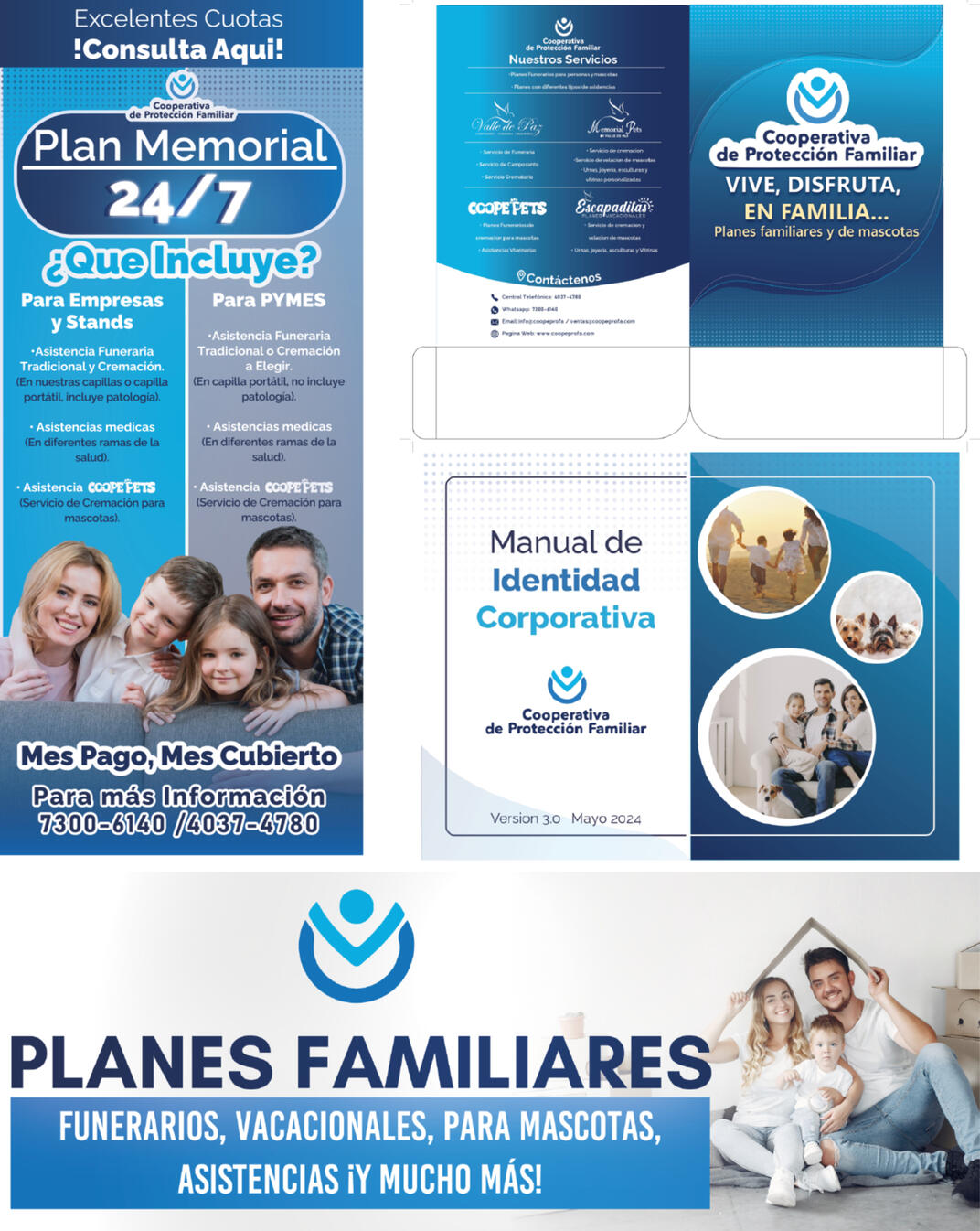 Cooperativa de Protección Familiar: Diseño de material corporativo y publicitario enfocado en servicios funerarios y asistenciales.