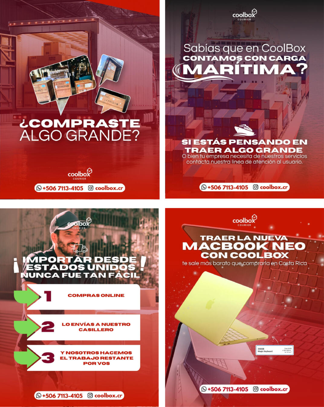 CoolBox Courier: Piezas publicitarias dinámicas para promoción de servicios de importación y logística internacional.