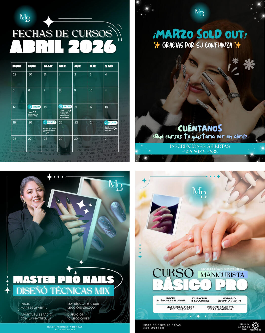 MMB Nails: Piezas promocionales modernas para una academia premium de uñas, artes orientados a redes sociales.