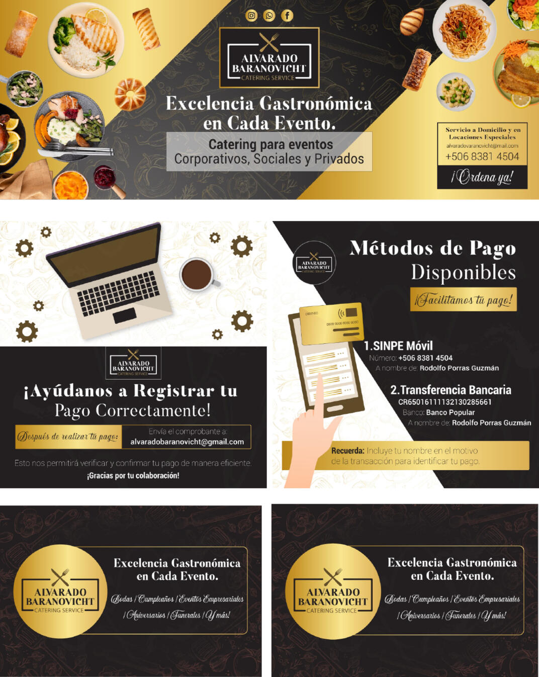 Alvarado Baranovicht Catering: Diseños publicitarios elegantes para la promoción de servicios gastronómicos.